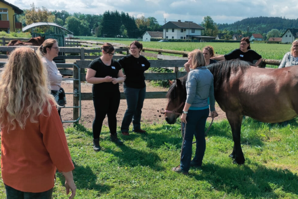 Ein Workshop bei dem die Damen um Trainer(pferd) Rosi stehen